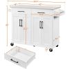 White Kitchen Cart Island with Stainless Steel Top 2 Drawers and Cabinet