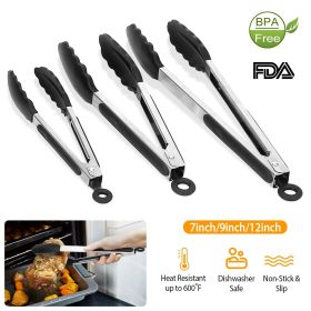 3Pcs Kitchen Tongs Stainless Steel Locking Food Tongs with Silicon Tips BPA Free Non-Stick BBQ Cooking Grilling Locking Food Tongs High Heat Resi