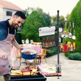 Outdoor BBQ Griddle Caddy Organizer, Multi-Size Storage Baskets & 10 Hanging Hooks, Wind Resistant Paper Towel Holder