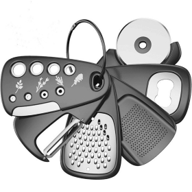 6-in-1 Kitchen Gadget Set, Keychain-Shaped Multi-Function Cooking Tools with Garlic Grater, Pizza Cutter, Vegetable Peeler, Bottle Opener