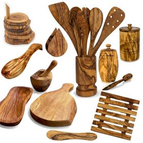 Mediterranean Olive Wood Ultimate Kitchen Collection - 25-Piece Luxury Handcrafted Cooking, Dining and Serving Accessories Set for Home and Table