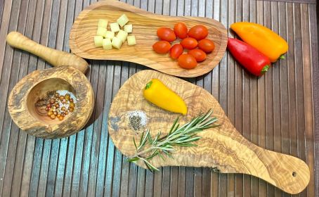 Authentic Mediterranean Olive Wood 4-Piece Kitchen Set - Handcrafted Wooden Mortar and Pestle, Multi-Purpose Serving Bowl, and Durable Cutting Bo