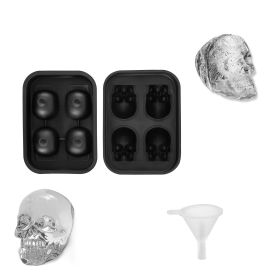 Skull Ice Cube Tray, 4-Grid Skull Ice Ball Maker, Flexible Black Silicone Ice Tray with Lid & Funnel