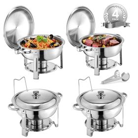 Chafing Dish Buffet Set, 5 Qt 4 Pack, Stainless Steel Chafer with 4 Full Size Pans, Round Catering Warmer Server with Lid Water Pan Folding Stand