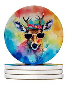 Hippie Animal Deer Large Sandstone Coasters Pack of 4 Absorbent Round Coasters Decor Gifts for Men or Women, 4 in, Multicolor