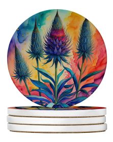 Colorful Eryngium Large Sandstone Coasters Pack of 4 Absorbent Round Coasters Decor Gifts for Men or Women, 4 in, Multicolor