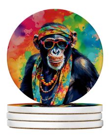 Hippie Animal Chimpanzee Large Sandstone Coasters Pack of 4 Absorbent Round Coasters Decor Gifts for Men or Women, 4 in, Multicolor