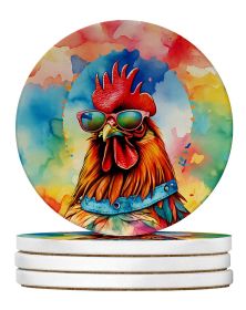 Hippie Animal Red Rooster Large Sandstone Coasters Pack of 4 Absorbent Round Coasters Decor Gifts for Men or Women, 4 in, Multicolor
