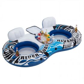 2 inflatable river floaters, equipped with detachable refrigerators and two cup holders, featuring a supportive backrest, and with GRAP ropes (Color: white blue)