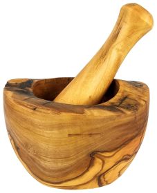 Olive Wood Rustic Mortar and Pestle Set - Handcrafted Wooden Spice Grinder (size: Medium. 4.5in diameter)